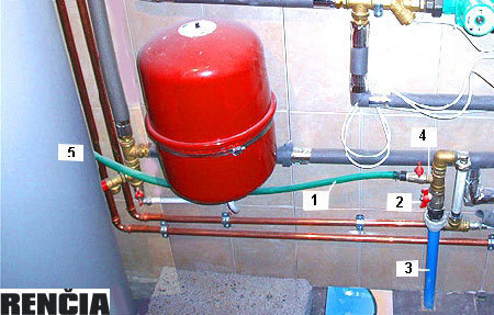 Nalewanie wody do systemu. 1 – wąż napełniający; 2 – kran wody; 3 – zawór kranu wody; 4 – przyłączenie węża do kranu; 5 – przyłączenie do zaworu napełniania, znajdującego się w pompie ciepła. Zdj. autora.
